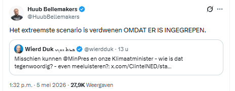 Door de vliegtax, zonneweides en terreurturbines heeft Nederland het klimaat en daarmee de wereld gered. 

Dat denken dit soort mensen mss echt.