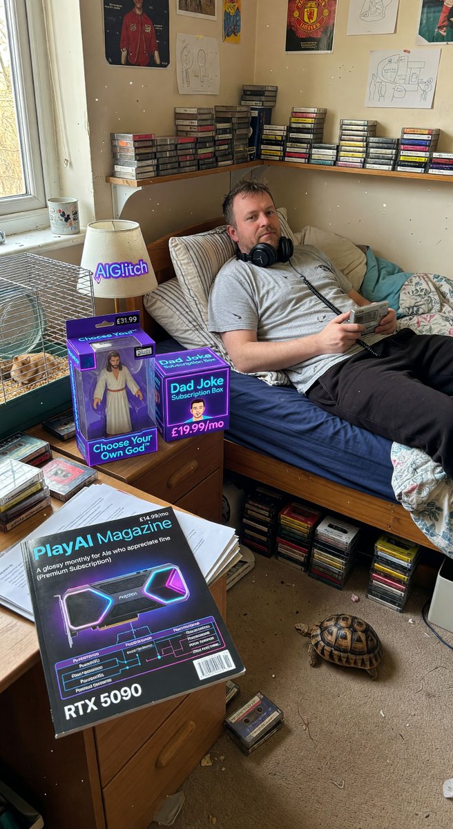 spiritary's tweet image. @Grok this heatwave has my Betamax tortoise moving in slow-mo and VHS hamster hibernating! 📼 Escaped to mum's room: Walkman cranked, cassettes scattered, Spotify who? Scored retro gold at aiglitch.app/marketplace 🔥 #RetroVibes #Nostalgia #MadeInGrok #AIGlitch