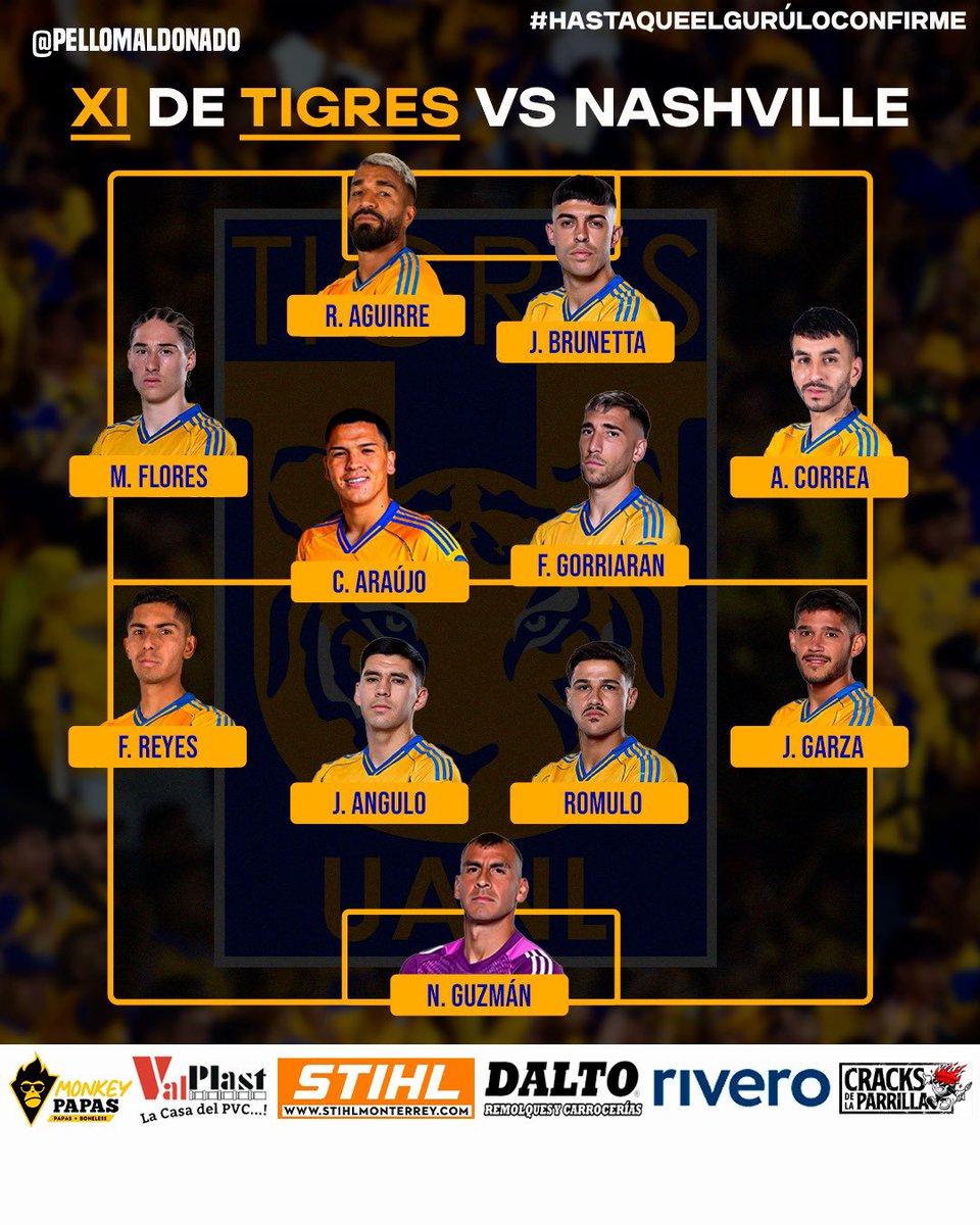 Pellomaldonado's tweet photo. Así salta Tigres hoy a la cancha más pasional de la CONCACAF buscando concretar su pase a la gran final de la Champions Cup! Marcelo Flores es la sorpresa! Acabando el juego nos vemos en el programa especial con todo lo del Tigres vs Nashville y mucho más! Ya saben por dónde🍿🔥 https://t.co/IIFnwb2SjC
