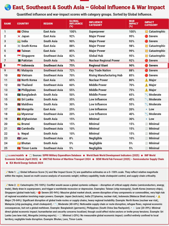 rezxhfx's tweet image. East, Southeast &amp;amp; South Asia – Global Influence &amp;amp; War Impact
Quantified influence and war‑impact scores with category groups. Sorted by Global Influence. Indonesia #Indonesia #Economy #Security #War #EastAsia #SoutheastAsia #SouthAsia #SEABLINGS