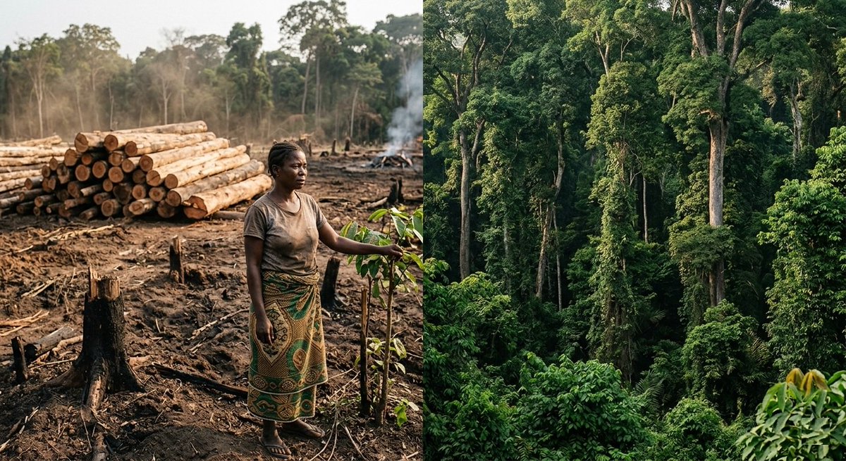 Savetheclimat's tweet photo. La RDC, "pays solution" ? Pas sans forêts. 
🌳🇨🇩Chaque arbre abattu dans le Bassin du Congo fragilise notre biodiversité unique et accélère la crise climatique. Stop à la déforestation ! 
Ne léguons pas un désert à nos enfants. 🌍#BassinDuCongo #Climat #Biodiversité https://t.co/k6Ew9gXdWq