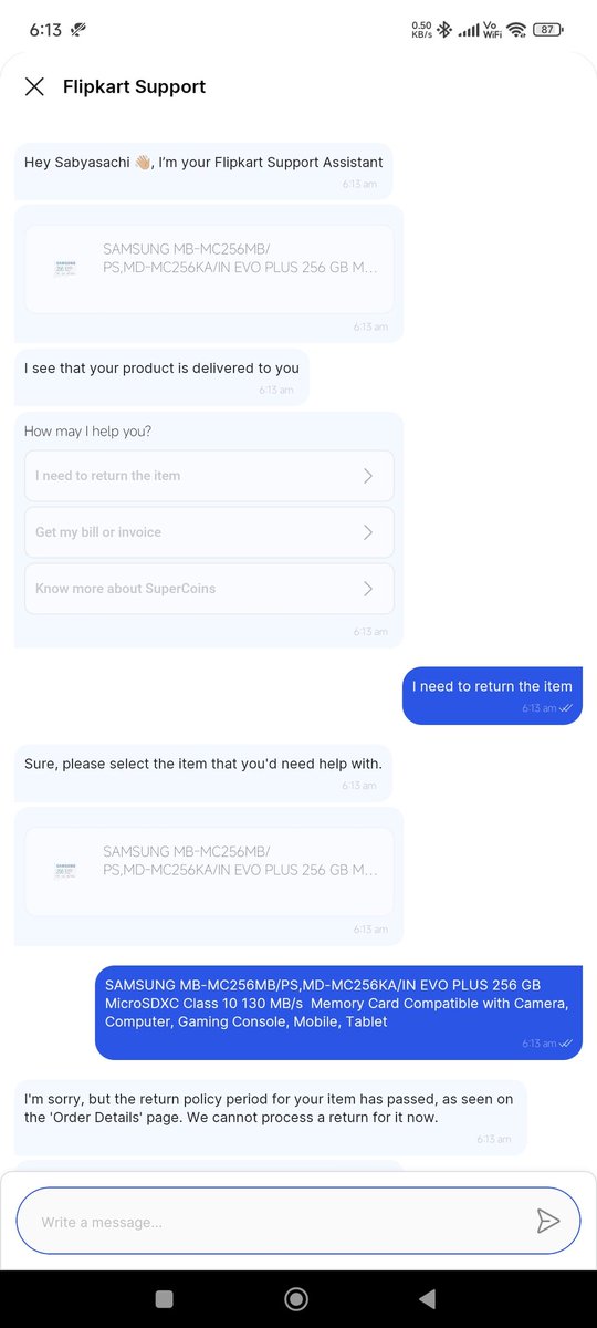 sabyasachi324's tweet photo. @flipkartsupport There is no one coming up to chat and when I select the option of returning the product it says we cannot donit https://t.co/FEW1vRJrIl