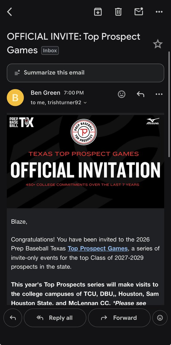 BlazeHTurner5's tweet photo. Got my invite to the Texas Top Prospect Games! Very excited to participate in them! Thank you for the invite! 
@Performance_X2 @TCFalconBsb @NicoMoran @ChuckNRGWells @bvanland @DustinLMcComas @PBRGreen_ @MSemlerPBR https://t.co/HTLhotgrP7