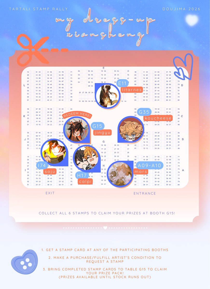 HIIII we're hosting a tartali dress-up stamp rally at doujima 2026!! dress up these darlings with us☺️ 👔👖👗👓

prizes include childe x zhongli A5 prints, dressup sticker sheets, and a heart button!! 🧵

#doujimasg #doujima2026 #tartali #childe #zhongli