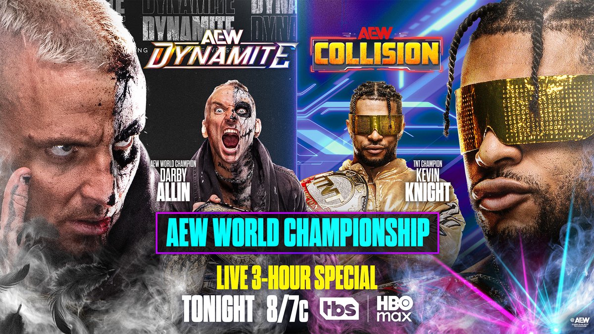 AEW's tweet photo. #AEWDynamite + #AEWCollision
3-HOUR SPECIAL!
8/7c, TBS + HBO Max
TONIGHT!

AEW World Title
@DarbyAllin vs @Jet2Flyy

The Jet looks to ride his momentum to the top of AEW, but Darby will keep fighting until he can't!

Darby vs The Jet for the AEW World Title, TONIGHT! https://t.co/tLfjjyvdnD