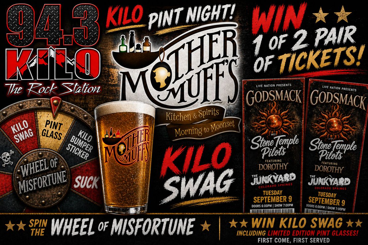 KILORADIO's tweet photo. KILO Pint Nights are BACK!
Join 94.3 KILO at Mother Muffs
Friday, May 29
7PM–9PM
Limited Edition KILO Throwback Pint Glasses — just $9.43 while supplies last
Plus concert tickets, KILO swag, and the Wheel of Misfortune
See you there! https://t.co/eUVxyZAzEP