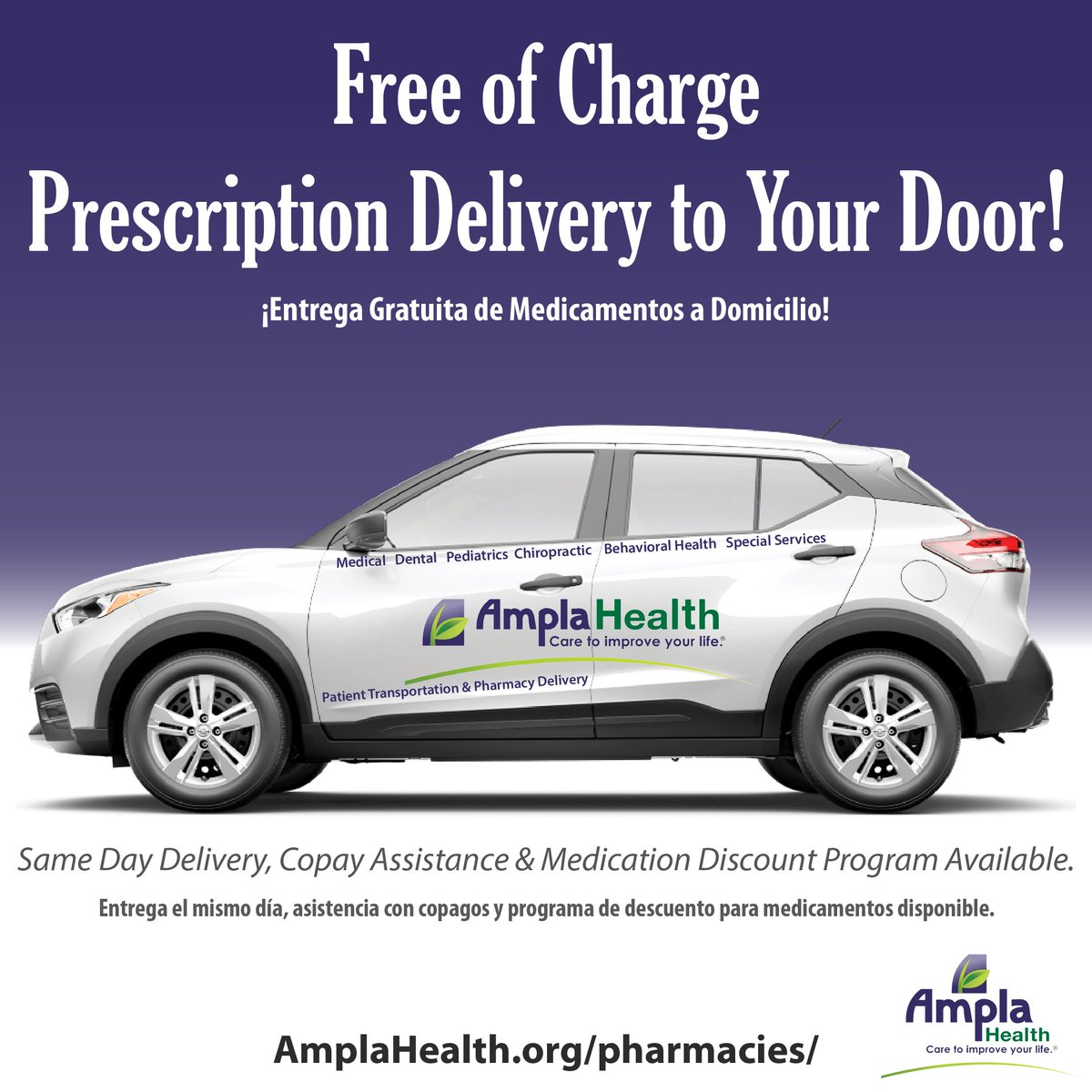 Free of Charge Prescription Delivery to Your Door. Same Day Delivery Copay, Assistance &amp; Medication Discount Program Available. For more details, visit: amplahealth.org/pharmacies/ Like, Follow, &amp; Share. #AmplaHealth #AmplaHealthPharmacy