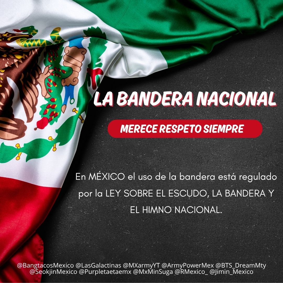 ArmyPowerMex's tweet photo. ARMY, recordemos que la Bandera de México 🇲🇽 es un símbolo que nos representa a todos. 

En conciertos y eventos, su uso debe ser siempre con respeto.

Demostremos nuestro amor por México de la mejor manera. 💜

#BTS_FANPROJECTSMEXICO  #BTS_WORLDTOUR_MEXICOCITY #BTS_ARIRANG https://t.co/9XU8HAtlKX