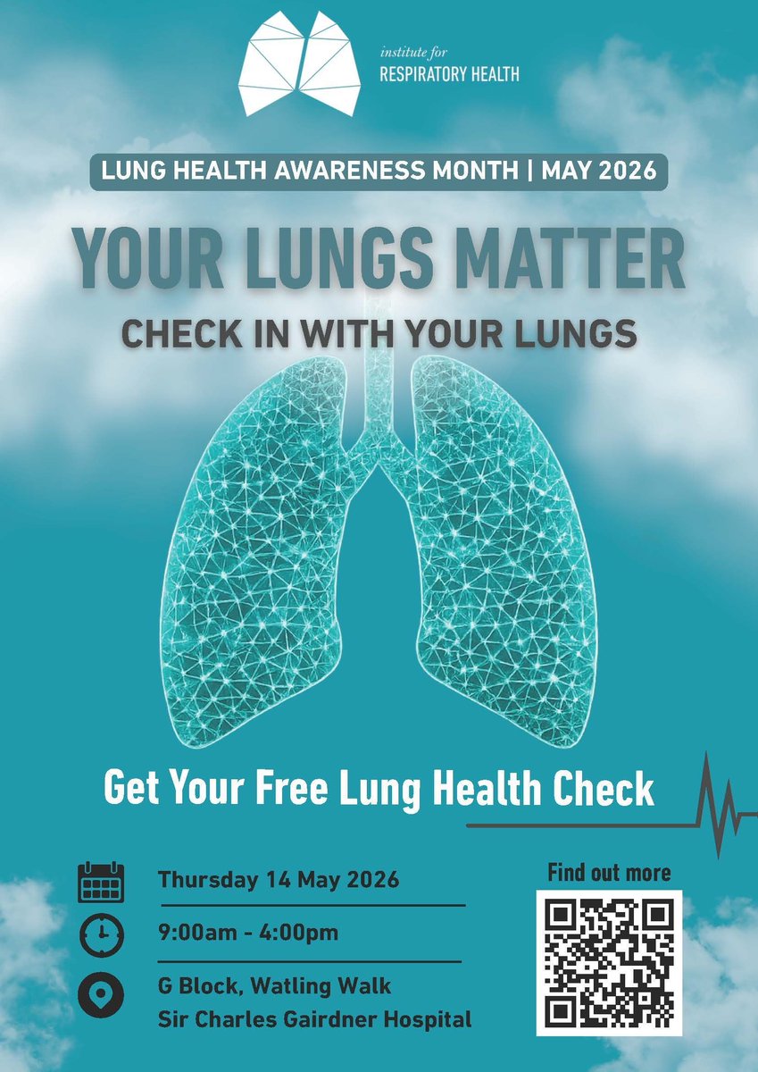 Resp_Health's tweet photo. Do you have a cough that won’t go away or feel breathless more than usual? It may be time to check your lungs.
Free lung health checks
Sir Charles Gairdner Hospital
14 May, 9am–4pm
Learn more: https://t.co/jGWItAonyc
#LungHealthAwarenessMonth #YourLungsMatter #WAShinesBlue https://t.co/XftdPjRJ49