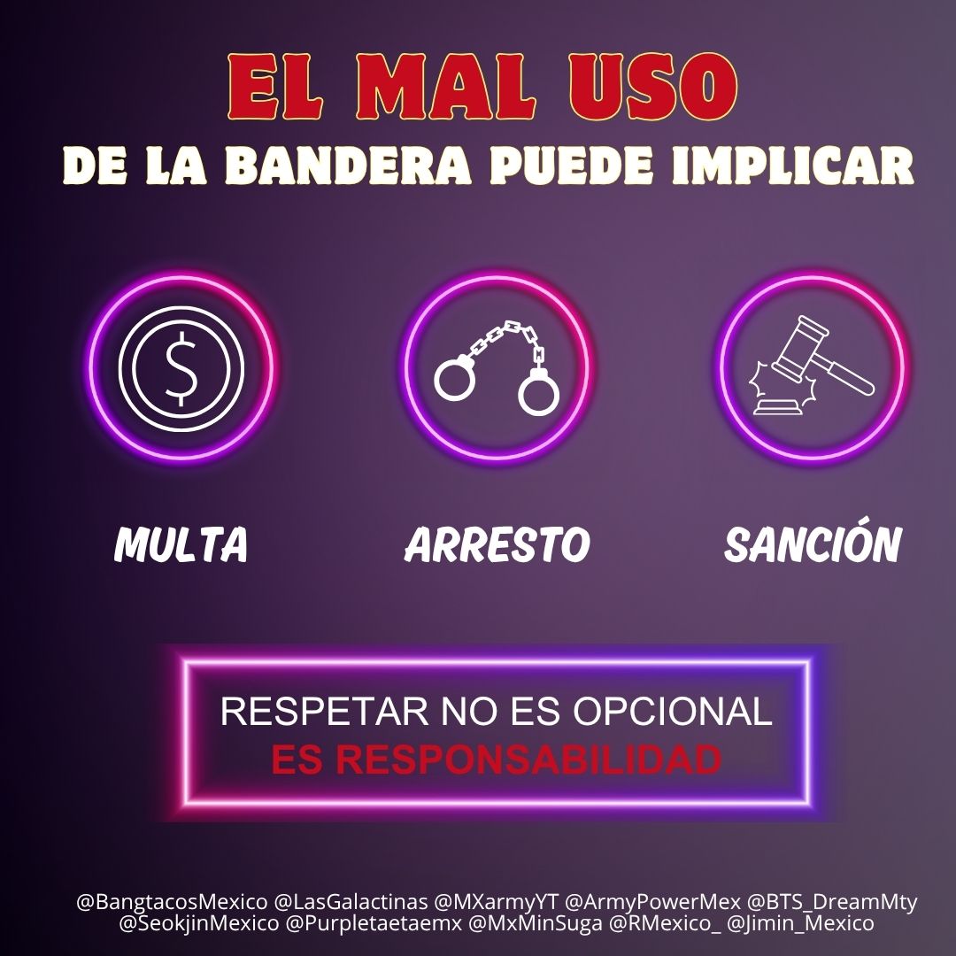 ArmyPowerMex's tweet photo. ARMY, recordemos que la Bandera de México 🇲🇽 es un símbolo que nos representa a todos. 

En conciertos y eventos, su uso debe ser siempre con respeto.

Demostremos nuestro amor por México de la mejor manera. 💜

#BTS_FANPROJECTSMEXICO  #BTS_WORLDTOUR_MEXICOCITY #BTS_ARIRANG https://t.co/9XU8HAtlKX