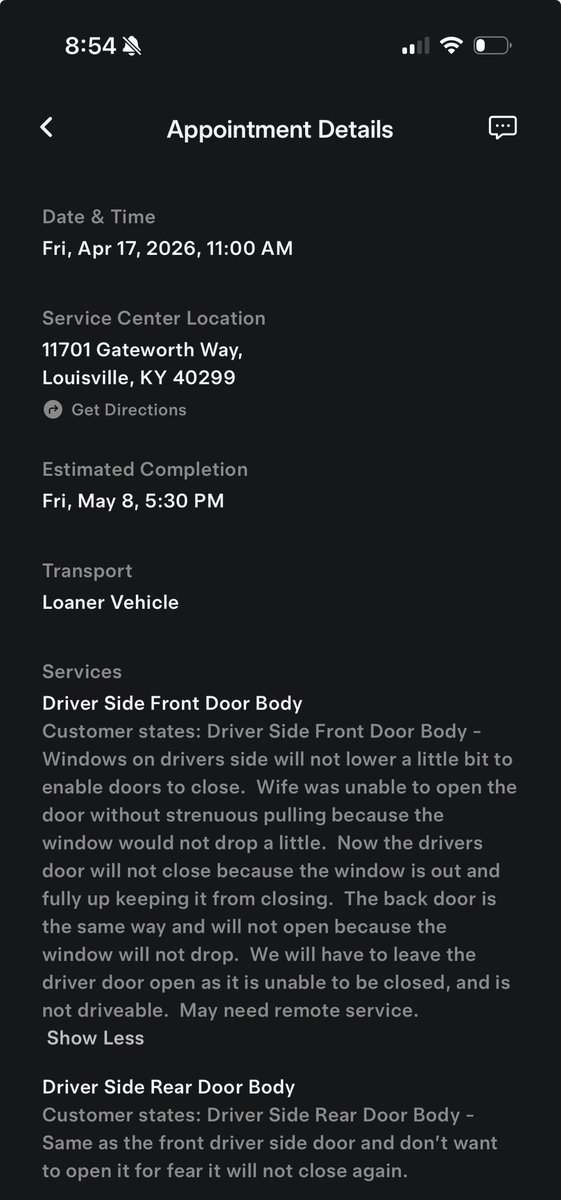 Patschwen40's tweet photo. @Tesla Love my model Y and agree it is as low maintenance as it gets…but my moms new Model Y has been in the shop for 2 weeks with 1200 lifetime miles for some defective window/door issues. Definitely not zero maintenance, and when shit breaks it’s less than ideal. Still Long $TSLA https://t.co/zJCOJGbl6d