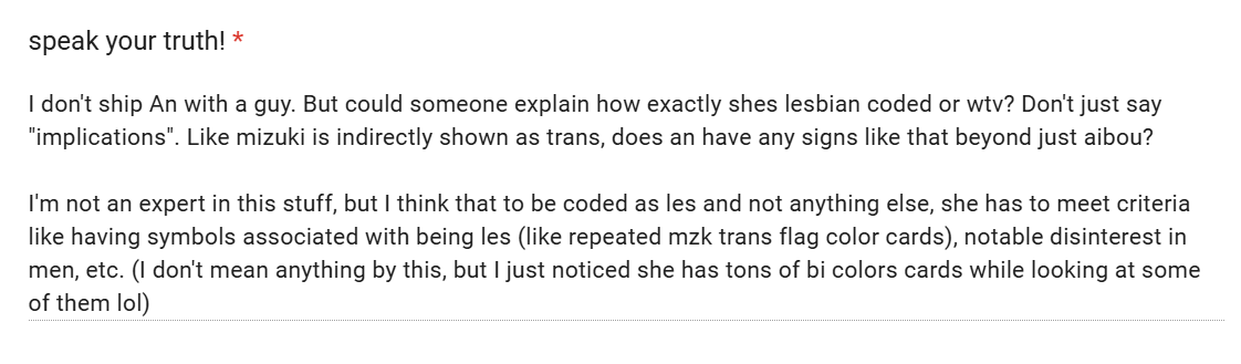 snowfessions's tweet photo. — CONFESSION #45 : 🎼

"I don't ship An with a guy. But could someone explain how exactly shes lesbian coded or wtv? Don't just say "implications". Like mizuki is indirectly shown as trans, does an have any signs like that beyond just aibou?    I'm not an expert in this stuff,-- https://t.co/wZpyM41wFO