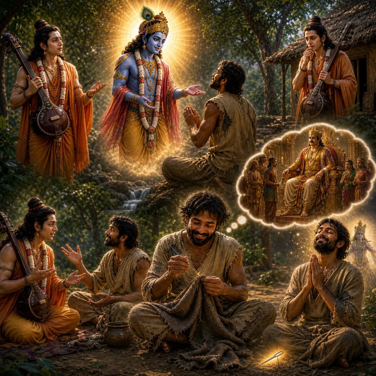 सुई का वरदान : जब कमी ही बन गई भगवान की सबसे बड़ी कृपा :-
एक बार नारद जी ने देखा कि एक साधारण सा भक्त जंगल में बैठा निरंतर कृष्ण का नाम जप रहा था। उसके पास न रहने को घर था, न खाने को भोजन, पर उसके चेहरे पर गजब का संतोष था। नारद जी ने कृष्ण से पूछा, प्रभु यह आपका इतना अनन्य भक्त