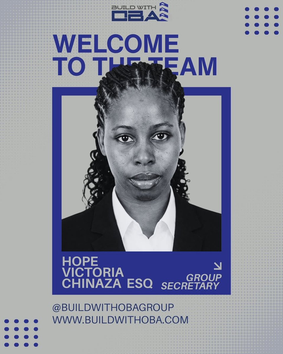 BuildWithOBA's tweet photo. Dear All, We are pleased to announce that Hope Victoria Chinaza, Esq. has joined Build With OBA Group in the capacity of Group Secretary. Hope is a legal professional who brings a disciplined and structured approach to our corporate administration. https://t.co/u8BA8Q0e4e