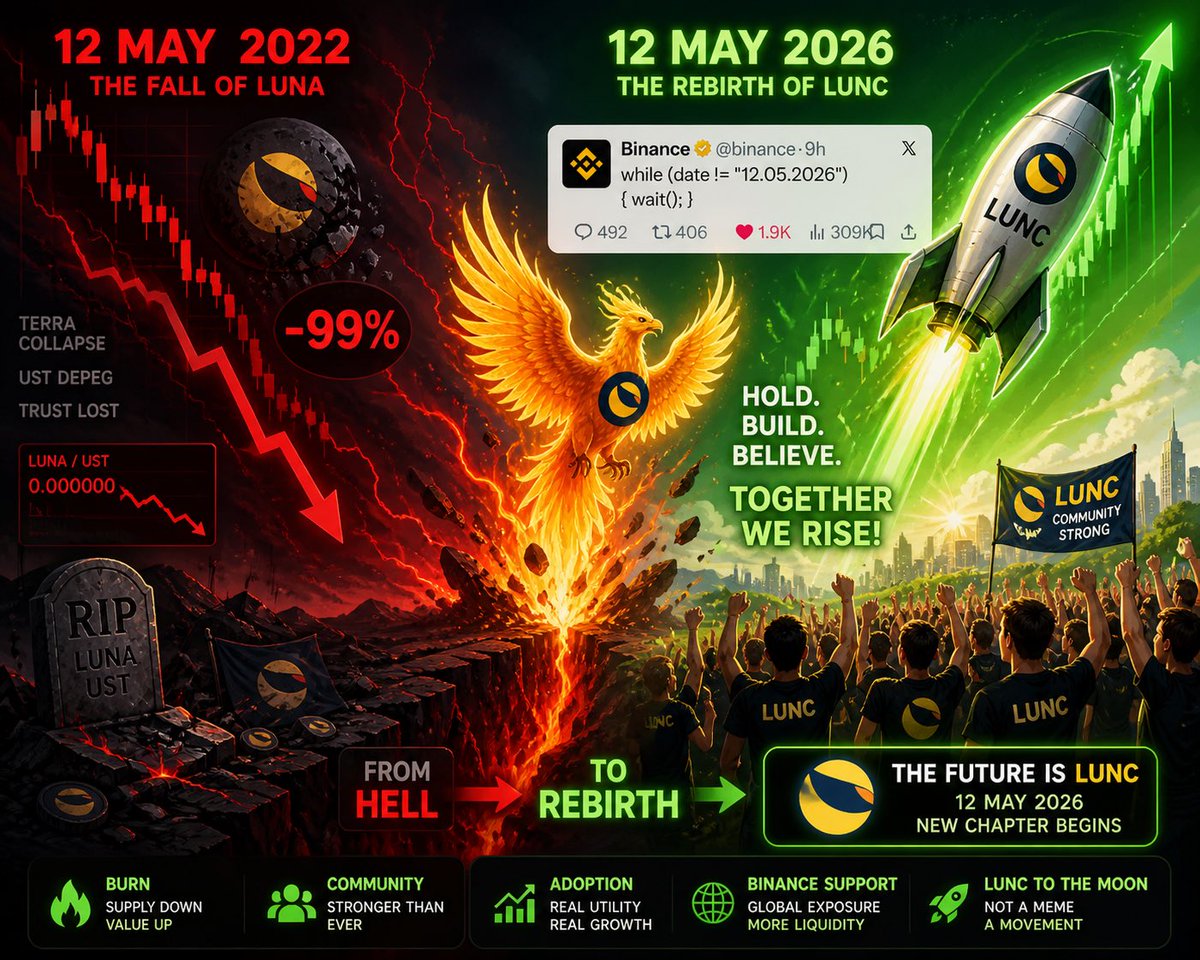 NewzHorizons's tweet image. 📉 12 MAY 2022  
They buried LUNA.  
They called it dead.  

💹 12 MAY 2026  
The phoenix rises. 🔥  
The rockets ignite. 🚀  

$LUNC isn’t just a coin anymore.  
It’s a comeback story the entire crypto market is watching. 👀🔥

#LUNC #Resurrection #12May2026