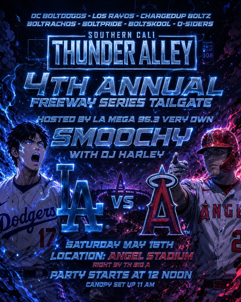 LosAngelesRayos's tweet photo. Freeway Series Tailgate at Angel Stadium 🎡 May 16 • 12PM 🍻 Bolt Fam pulling up deep be there early, vibes all day 🔥 #LosRayos #BoltUp https://t.co/oR58LQbmAk