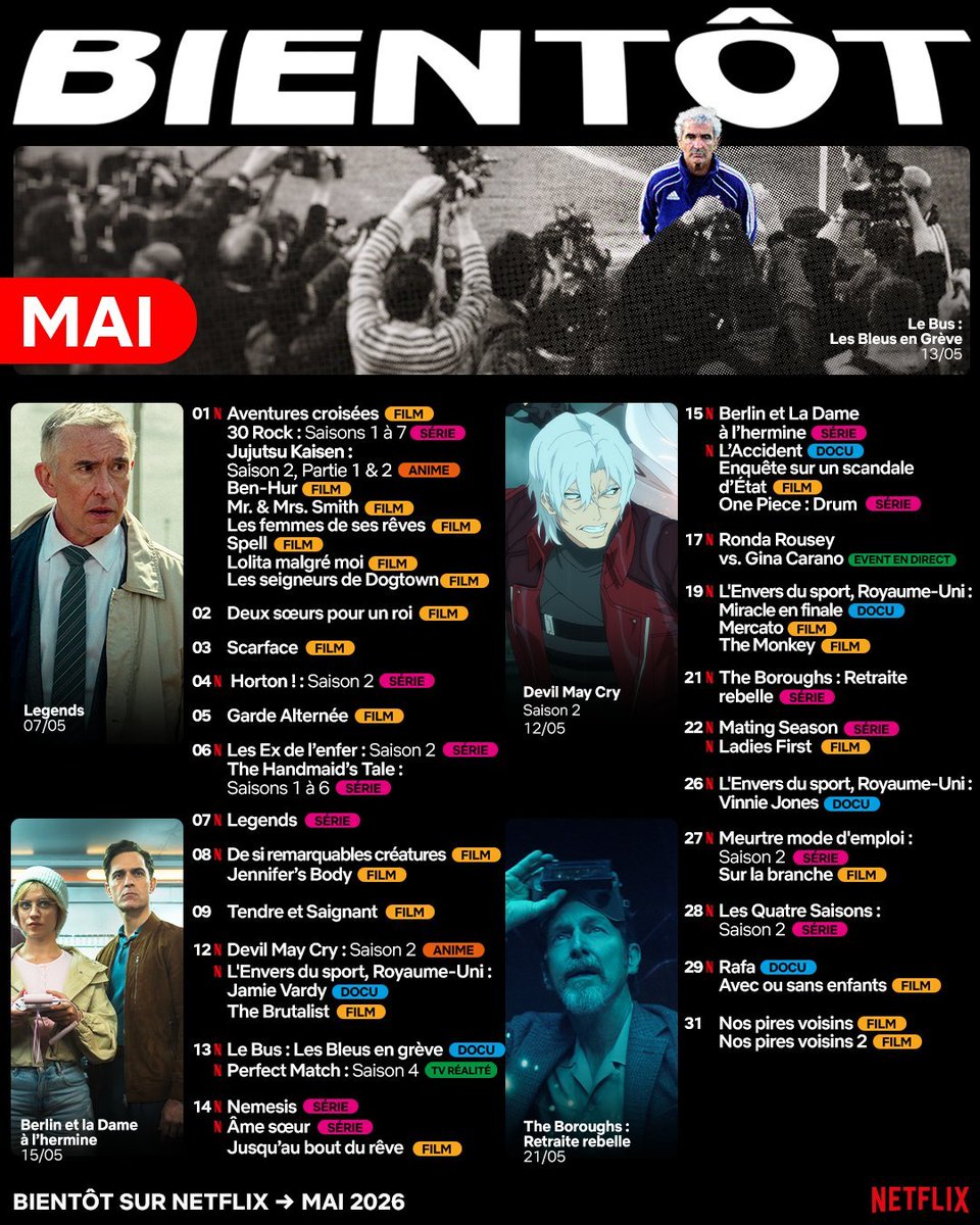 alxserix's tweet photo. 📅 Calendriers des sorties streaming du mois de MAI 2026 sur #Netflix, #PrimeVideo, #DisneyPlus, #AppleTV, #ParamountPlus, #HBOMax, #CANALPlus, #OCS, #UniversalPlus et #TF1Plus.
👉 Follow pour être informé de l'ensemble des sorties streaming !
1/4 https://t.co/5iCnRA4X9c