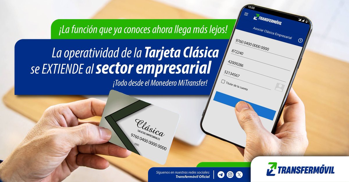 LisetD84's tweet photo. 💥¡Las transacciones entre empresas 🏛 ahora son  más fáciles 💻💰 con  la nueva versión de #Transfermóvil 📲
🔎Recuerda 🤔
💳 La #TarjetaClásica Empresarial exige participación del titular+cotitular, autorizados por Fincimex.  
👉 Seguridad y operatividad garantizadas‼️ https://t.co/D5xDjYl9F2