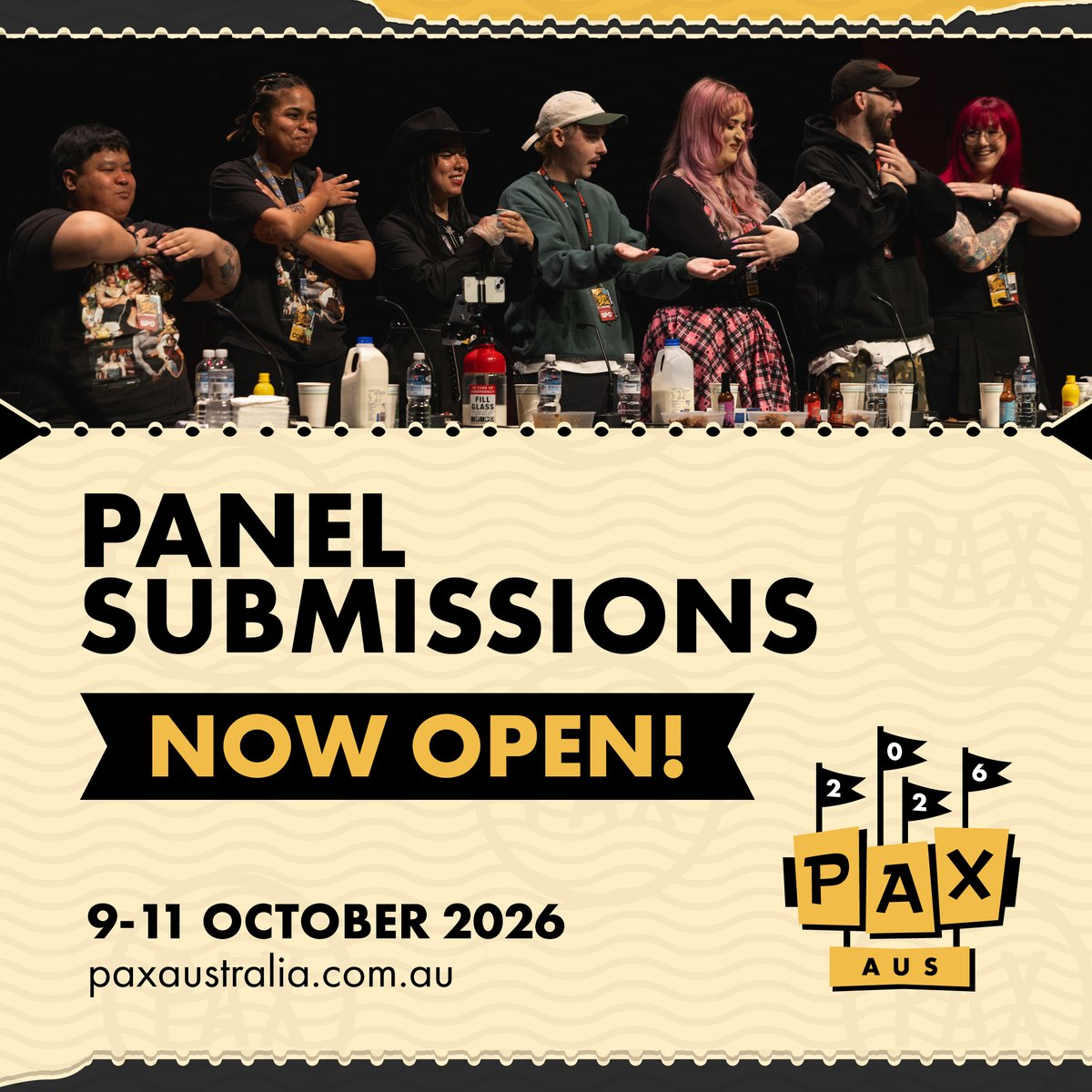 PAXAus's tweet photo. Got something to say about games? We got a stage (or several) for that.

We’re calling for panel submissions covering everything from tabletop to video games - the culture, the craft, the industry, and everything in between. Industry pro, creator, streamer, or just deeply obsessed with games? Step up and take to the stage at PAX Aus this October.
https://t.co/9yeXx9rMGm
#PAXAus