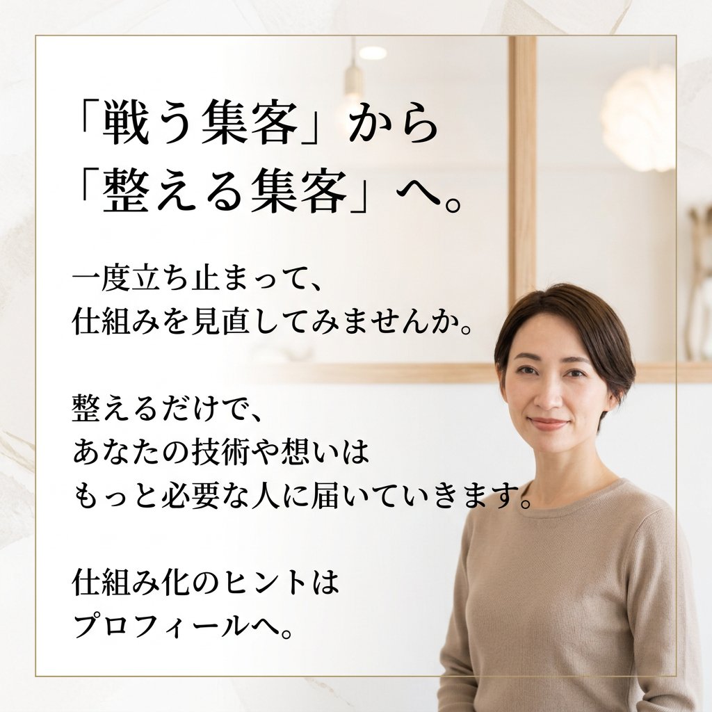 PV__tw's tweet photo. 【「頑張っているのに売上が伸びない」人に共通する3つの思考のズレ】

「毎日必死に投稿しているのに、予約が入らない…」
「技術も磨いているし、お客様にも尽くしているはずなのに…」

そう感じているなら、
それはあなたの努力が足りないからではありません。

実は、「思考のズレ」が
あなたの努力を空回りさせている可能性があります。

成果を出しているオーナー様が共通して持っている
「整える視点」と、伸び悩む人の「ズレ」を
3つにまとめました。

1. 「新規集客」ばかりに目を向けている
売上が止まると、つい「もっと新しい人を呼ばなきゃ！」と
SNSの投稿数を増やしがち。
でも、実は「穴の空いたバケツ」に
水を注いでいませんか？
まず整えるべきは一度来てくださった方が
自然とリピートしたくなる「仕組み」です。

2. 「やり方（ノウハウ）」を足し算している
リールがいいと聞けばリールをやり
LINEがいいと聞けばLINEを始める。
大切なのは、ツールを増やすことではなく
「お客様がどこであなたを知り、どう信じて、どう予約に至るか」
の導線を一本の線に繋げることです。

3. 「プロの視点」を押し付けている
良かれと思って専門的なこだわりを伝えても
お客様に響かなければ存在しないのと同じ。
私が伝えたいことではなく
「お客様が解決したい悩み」に言葉のピントを合わせる。
この一歩引いた客観性が、選ばれる理由になります。

【まとめ】
「戦う集客」ではなく
今の自分にあるものを「整える集客」へ。
がむしゃらに動くのを一度止めて、動線を整えるだけで
驚くほどスムーズに売上は変わり始めます。

今のあなたに必要なのは、新しいノウハウですか？
それとも、今ある仕組みを「整える」ことですか？

▼5分で分かるサロン構造診断
プロフィールからご覧いただけます