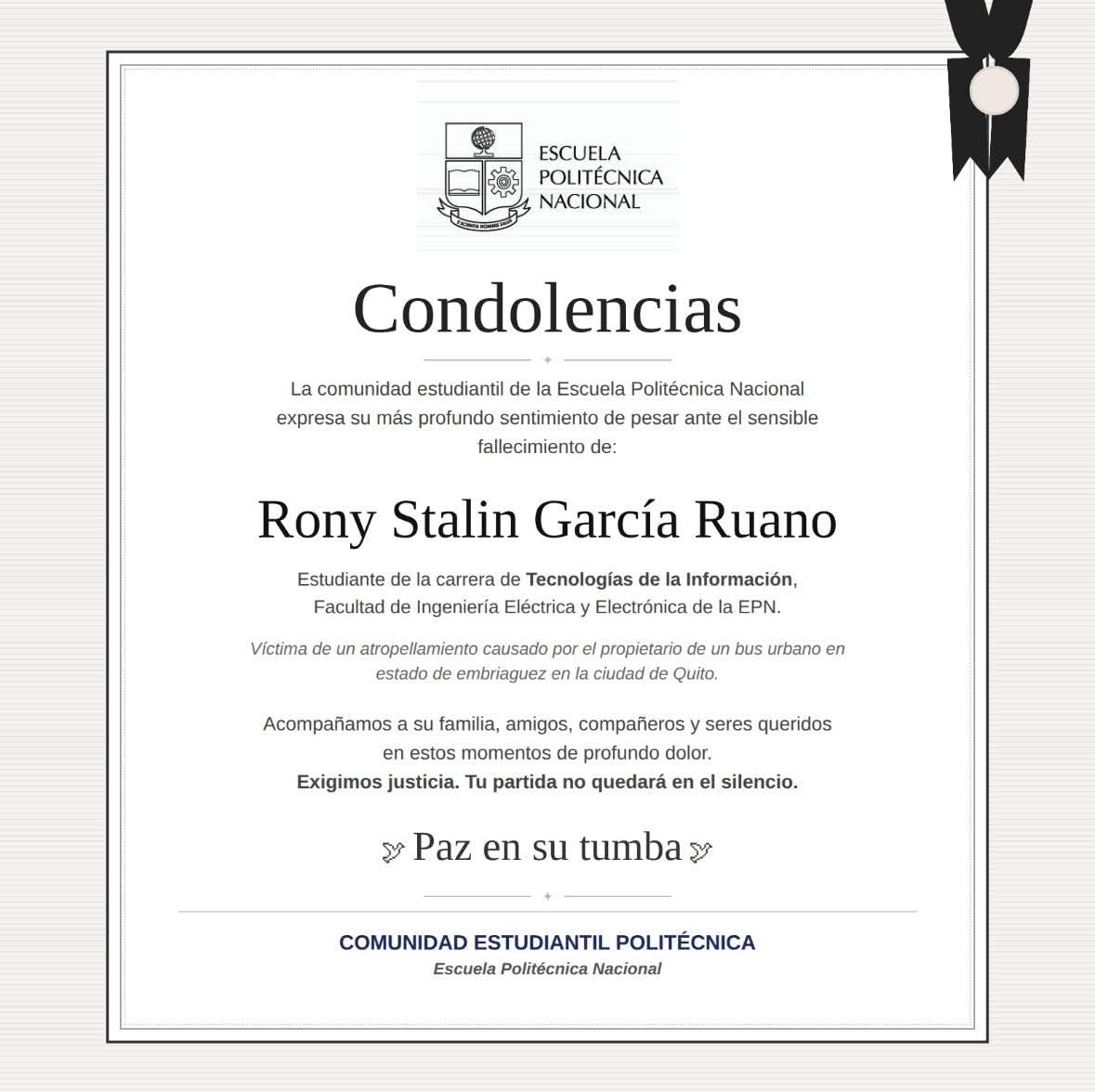 #Quito | BUSERO QUE MATÓ A ESTUDIANTE DE LA POLITÉCNICA TENÍA 2,1 GR DE ALCOHOL EN LA SANGRE

Pasó ya un día desde que el conductor del bus 2172 de Transplaneta mató a Rony García Ruano.
El chofer, en estado de ebriedad, perdió el control de la unidad y se impactó contra la casa