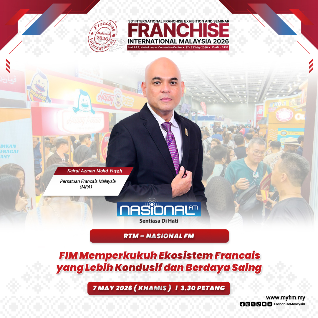 FranchiseMY's tweet photo. 𝐀𝐤𝐚𝐧 𝐁𝐞𝐫𝐬𝐢𝐚𝐫𝐚𝐧 𝐝𝐢 𝐍𝐚𝐬𝐢𝐨𝐧𝐚𝐥 𝐅𝐌

Dengarkan perkongsian eksklusif oleh Setiausaha Agung MFA di Nasional FM, berkongsi berkenaan maklumat terkini industri francais serta peluang perniagaan yang tersedia di FIM2026.

🗓️7 Mei 2026 (Khamis)
🕞3.30 Petang https://t.co/oKQ8PaeOMo