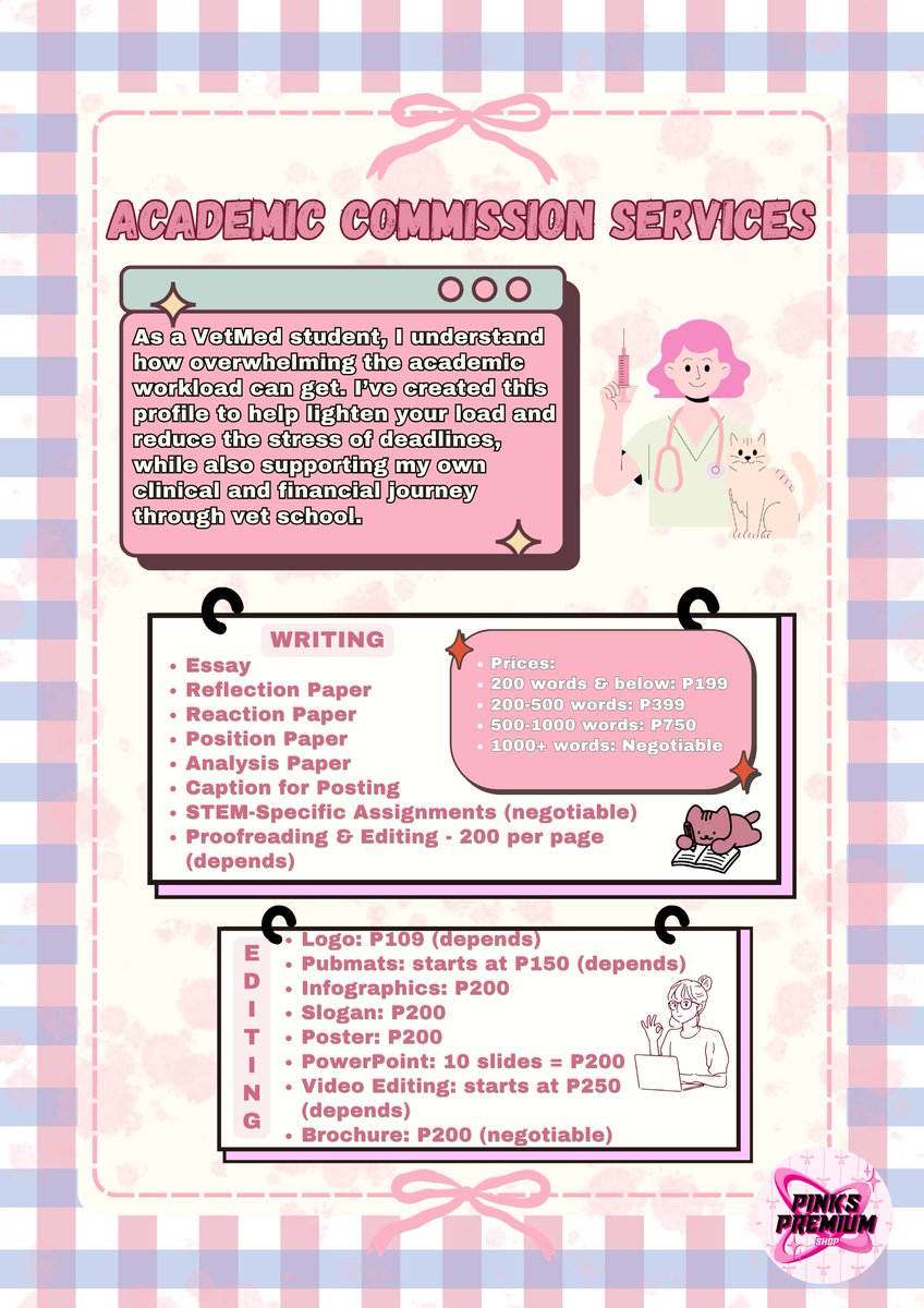 pinks_premium's tweet photo. 🐾 𝗗𝗿𝗼𝘄𝗻𝗶𝗻𝗴 𝗶𝗻 𝗗𝗲𝗮𝗱𝗹𝗶𝗻𝗲𝘀? 𝗟𝗲𝘁’𝘀 𝗟𝗶𝗴𝗵𝘁𝗲𝗻 𝘁𝗵𝗲 𝗟𝗼𝗮𝗱! 🐾

#AcademicServices #CommissionPH #StudentLife 
#Collegestudent
#HighSchool
#SHS
#JHS
#EssayWriting #GraphicDesignPH
#Logo
#Presentation
#Word
#Pdf
#Brochure
#infographic https://t.co/MvcQle7VQN
