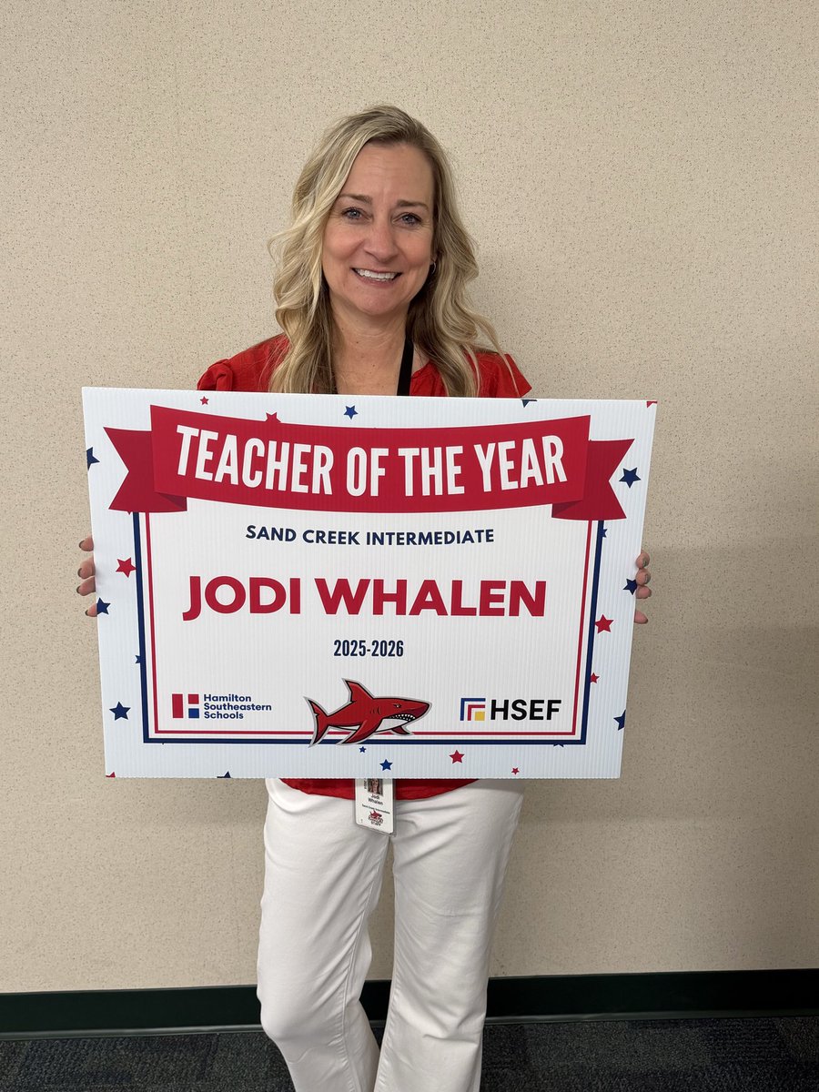 MichelleBunnell's tweet photo. This @SandCreekInt Shark Family is proud to announce our 2025-26 TOY winner @jwhalenSCI and our Honor and Excellence super star @beckytalty   Our students and staff are so proud of you!  ❤️🦈 https://t.co/3i2mEBkDMX