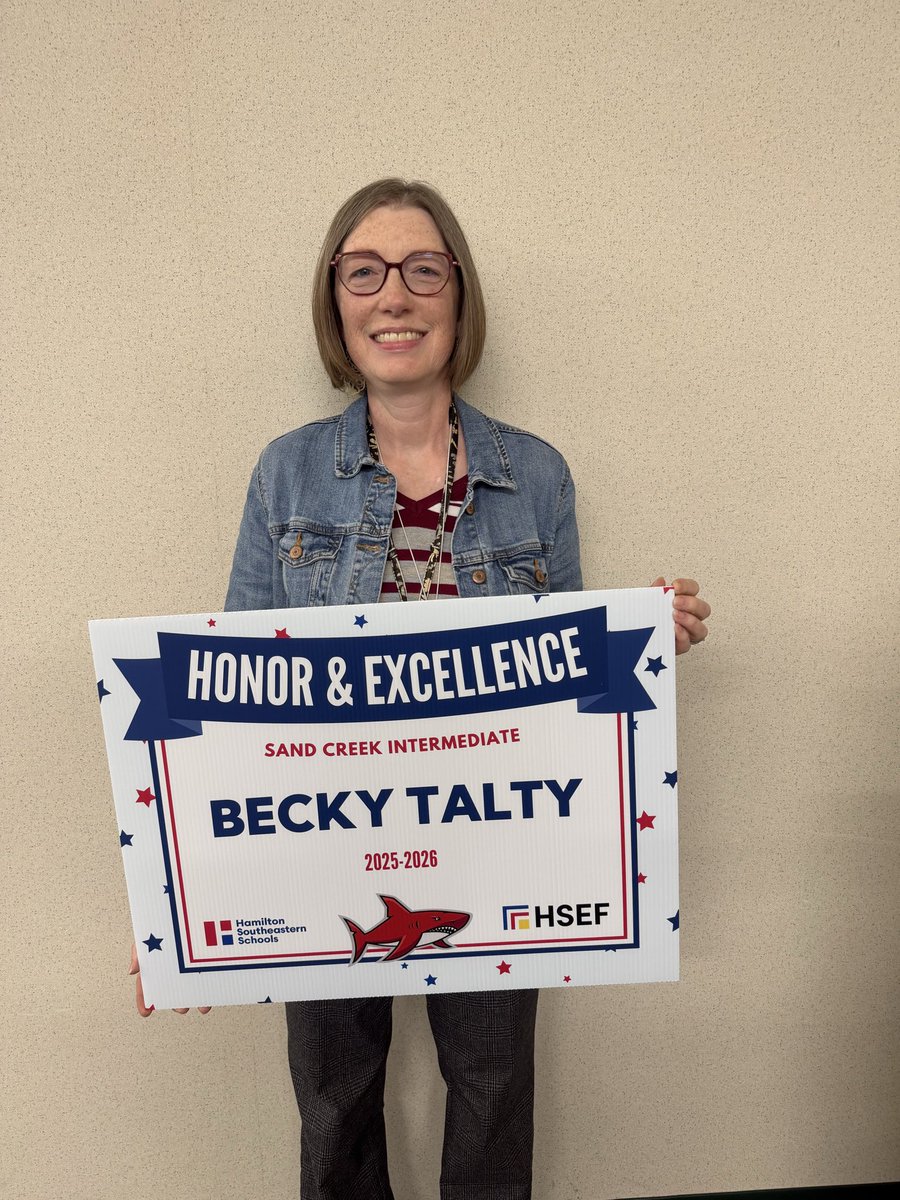 MichelleBunnell's tweet photo. This @SandCreekInt Shark Family is proud to announce our 2025-26 TOY winner @jwhalenSCI and our Honor and Excellence super star @beckytalty   Our students and staff are so proud of you!  ❤️🦈 https://t.co/3i2mEBkDMX