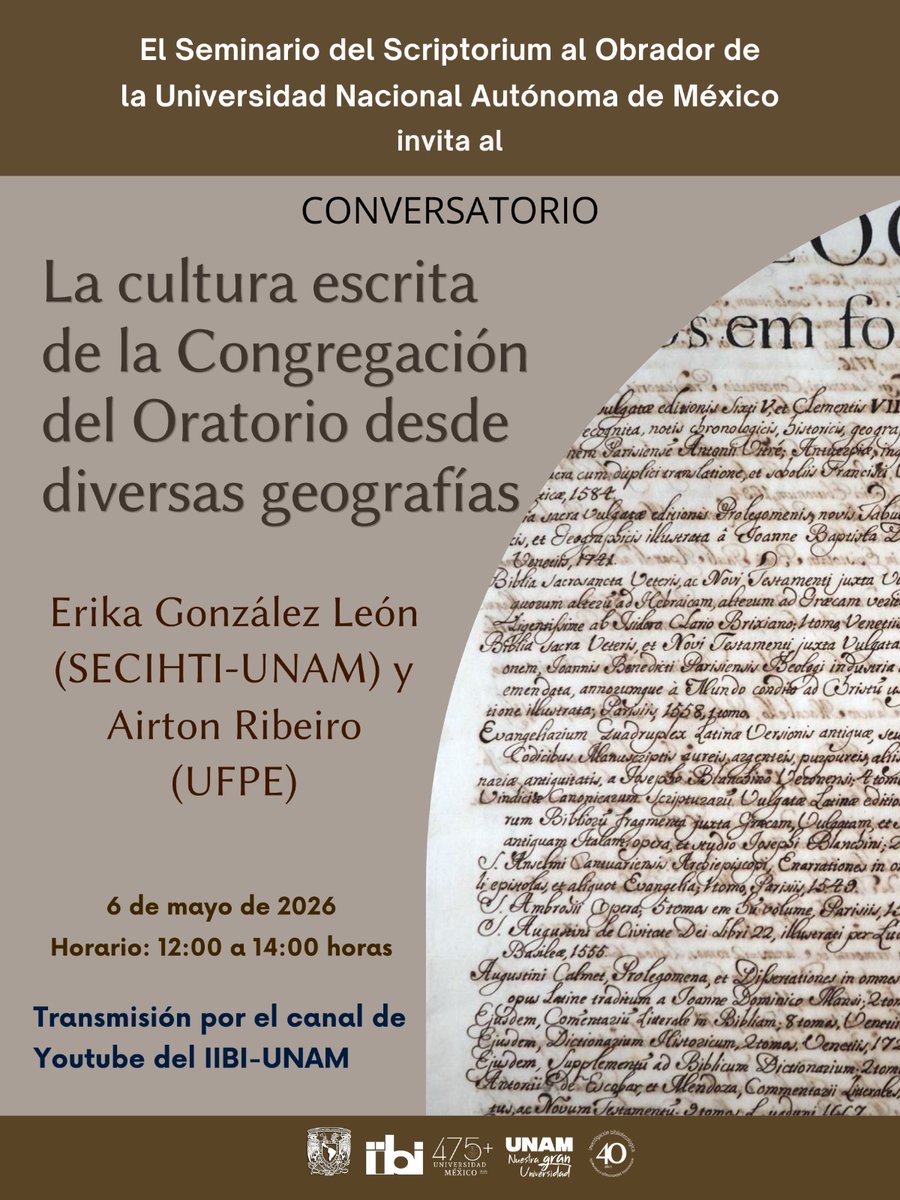 Erika_bgl's tweet photo. Mañana, junto con mi colega Airton Ribero, participaremos en un conversatorio  sobre la cultura escrita de la Congregación del Oratorio. La transmisión será por la página del IIBI-UNAM.
👇
https://t.co/MlgmfRyqNf https://t.co/tyxti60QbL