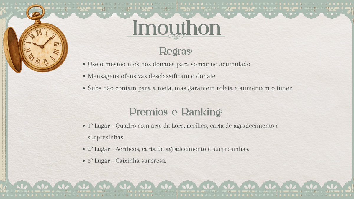 IMOUTHON NO AR!!!

Aqui estão as metas e regras do nosso Imouthon, acompanhem na live pelo link na bio 🩵