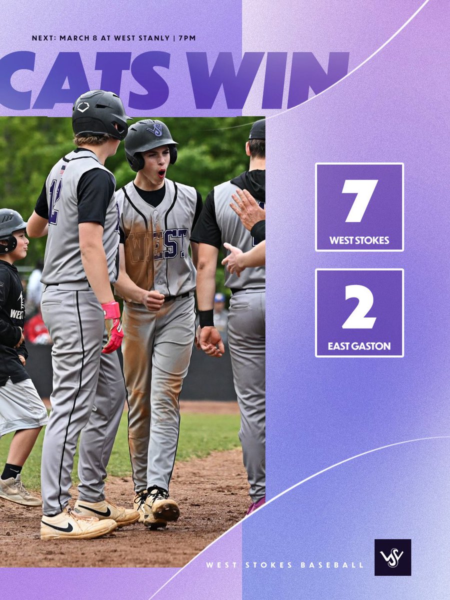 WStokesBaseball's tweet photo. Round 1 win on the road! Heading to West Stanly on Friday! #Together #Cats #PurpleReign https://t.co/En6NYY0eqd