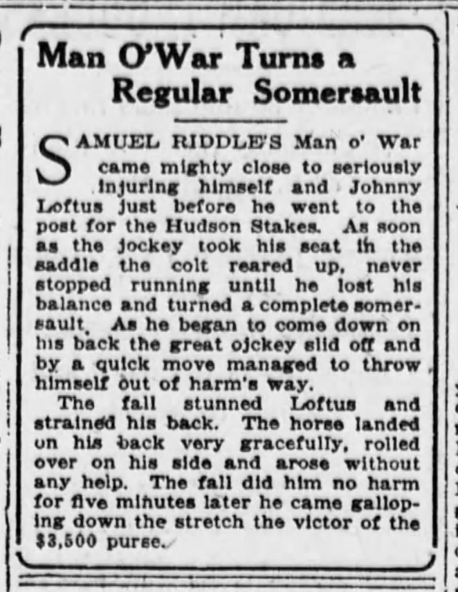 DRFLivingston's tweet photo. Man o' War's 4th start, and 4th dazzling win, came in the June 23, 1919 Hudson Stakes at Aqueduct. The 2-year-old carried 130 pounds, was reportedly quite, um, lively🧐, and then romped.

Nicknamed 'Big Red,' he would win 20 of 21 starts - including 3 at the Big A.  

#BigA4Ever https://t.co/KPZ0mLM1zA