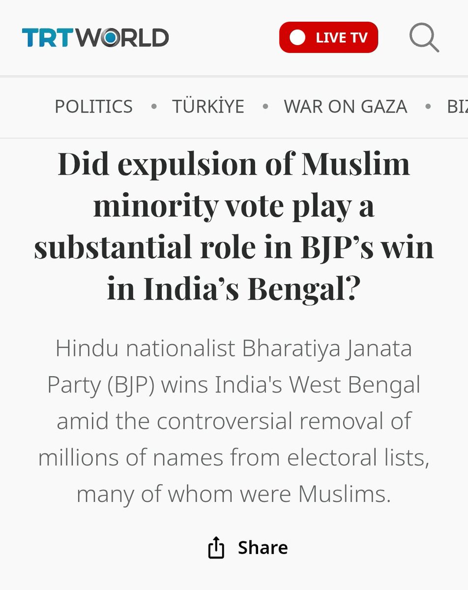 TÜRKİYE newspaper didn't mince words

"Hindu nationalist Bharatiya Janata Party (BJP) has secured a decisive victory in West Bengal—after excluding millions of Muslim voters from electoral system"