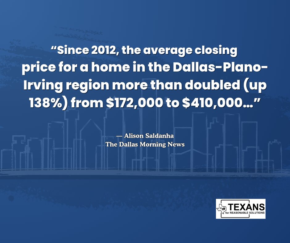 TXReasSolutions's tweet photo. 🚨 TEXAS DREAM SLIPPING AWAY 🚨

Home prices up 138% since 2012 — but wages didn’t keep up. HALF of families can’t afford a home 😳🏠

Alison Saldanha via @dallasnews reports a growing AFFORDABILITY CRISIS that could hurt ECONOMIC GROWTH.

Let the market WORK for young Texan families. 

No workers = no growth. It’s that simple. 💸

#Texas #HousingCrisis #NorthTexas