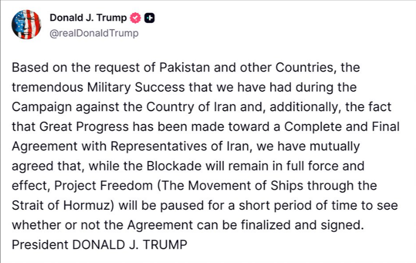 marketsday's tweet image. US President #DonaldTrump said Tuesday that Project Freedom, the US military operation aimed at guiding ships out of the Strait of Hormuz, will be paused to see whether a peace deal can be reached between Washington and Tehran. #Iran #MiddleEast