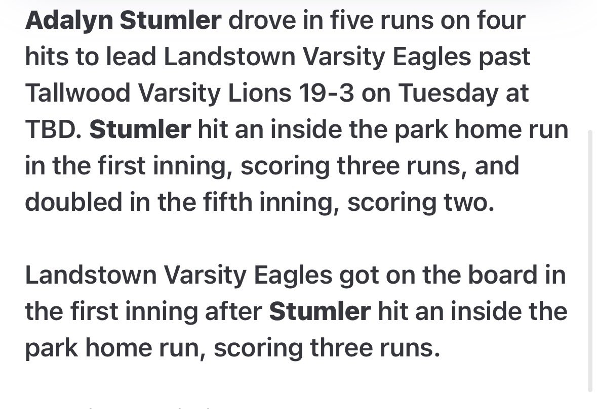 addystumler's tweet photo. Great game today against Tallwood. The Eagles took the win 19-3.  I went 4 for 4 at the plate with 5 RBIs and had no errors at shortstop. Can’t wait for Thursday’s game against Salem!
@UnityTownsend @LibertySB @CoachDot_LU @jmrw20 @RMUSoftball @CoachJexx_RMU @RoanokeSoftball @RandolphSB @RMC_Softball @paindawg45 @CoachANicholson @CoastRecruitsSB @CoastRecruits @MasonSoftball @softball_champ1 @SBRRetweets @ondecksoftball @gatorjack72
