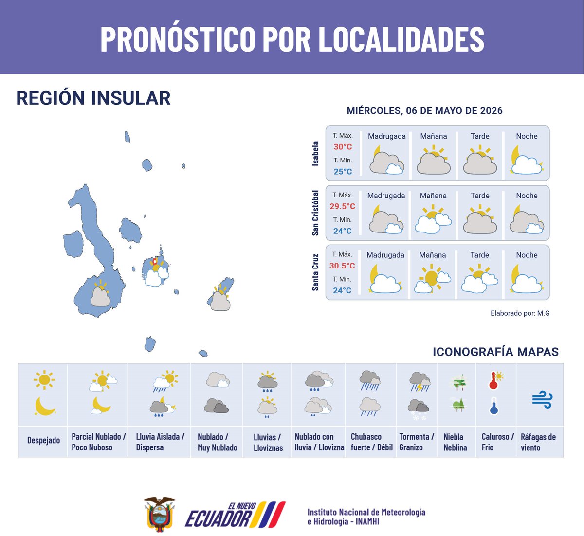 #PronósticoNacionalEc | Miércoles 06 de mayo de 2026: Se prevén lluvias de variable intensidad en el Litoral, la Amazonía y sectores de la región Interandina, con mayor incidencia en localidades del norte y centro del país. En la región Insular predominarán condiciones estables.
