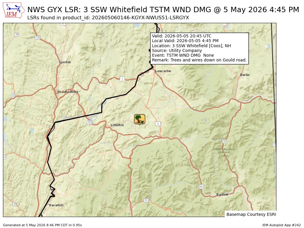 NewEnglndIEMBot's tweet image. At 4:45 PM EDT, 3 SSW Whitefield [Coos Co, NH] Utility Company reports Tstm Wnd Dmg. Trees and wires down on Gould road. #nhwx mesonet.agron.iastate.edu/lsr/?by=wfo&amp;amp;wf…