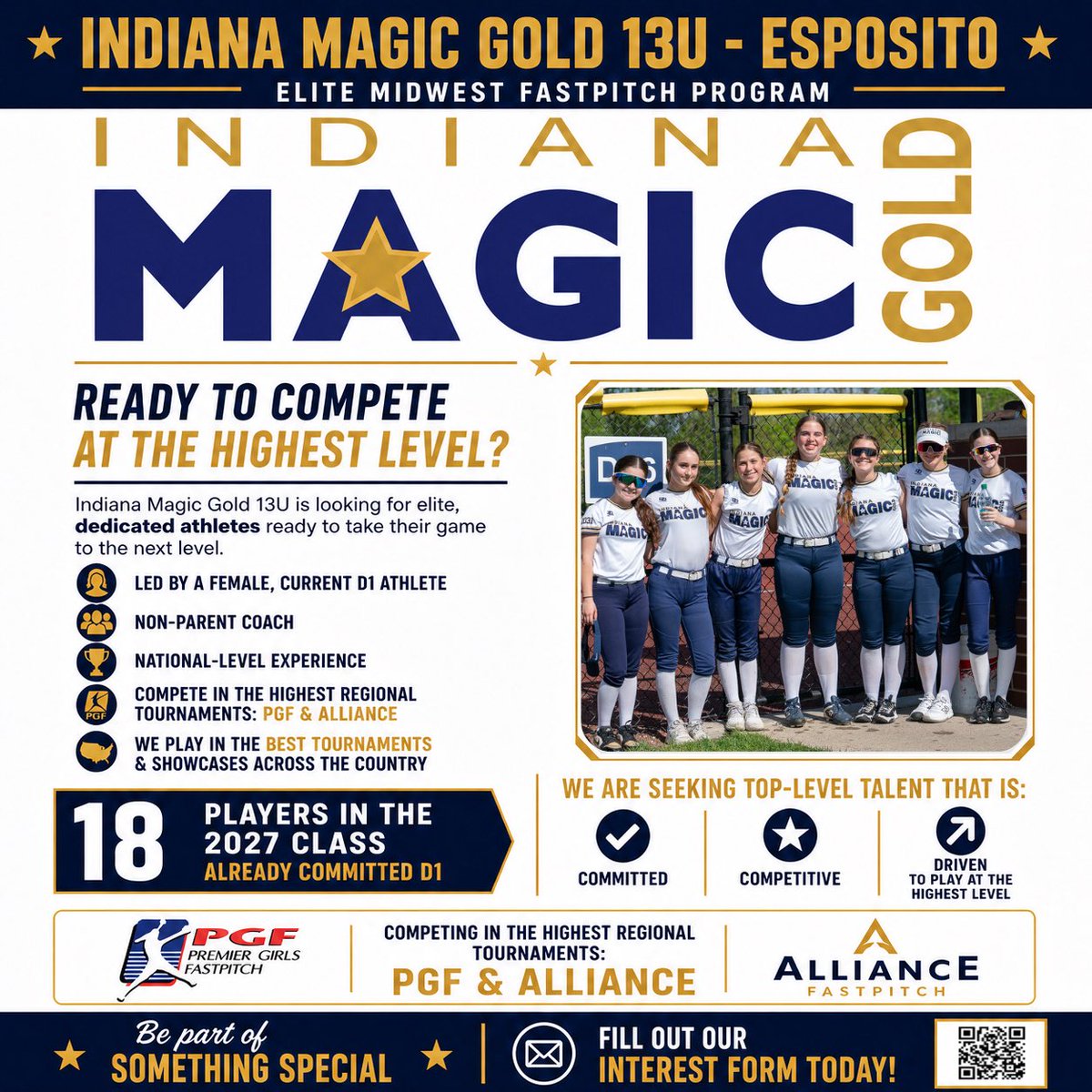 MagicGold2031's tweet photo. 💫 Thank you to everyone who has already filled out the interest form! We truly appreciate your interest in IMG -13u Esposito. We will be reaching out soon with the next steps and additional information.💫

⭐️Be Part of Something Special – 2026–27 Season ⭐️

Are you ready to compete at the highest level and grow your game with an elite organization?

Indiana Magic Gold 13U – Esposito is looking for dedicated, high-level athletes who want more than just a team—they want development, exposure, and a path to the next level.

Led by a female, non-parent coach and current D1 athlete, our program is built on player development, accountability, and long-term growth—on and off the field.

🏆 Why Indiana Magic Gold?
• Nationally recognized, Top 10 organization
• Proven track record with 18 players from the 2027 class already committed to D1 programs
• Compete in top tournaments and showcases across the country
• Focused on preparing athletes for the next level

If you’re ready to elevate your game and be part of a winning culture:

👉 Click the link in bio and fill out our confidential interest form today

Serious players only. Elite mindset required. 💪🥎
#goldblooded
