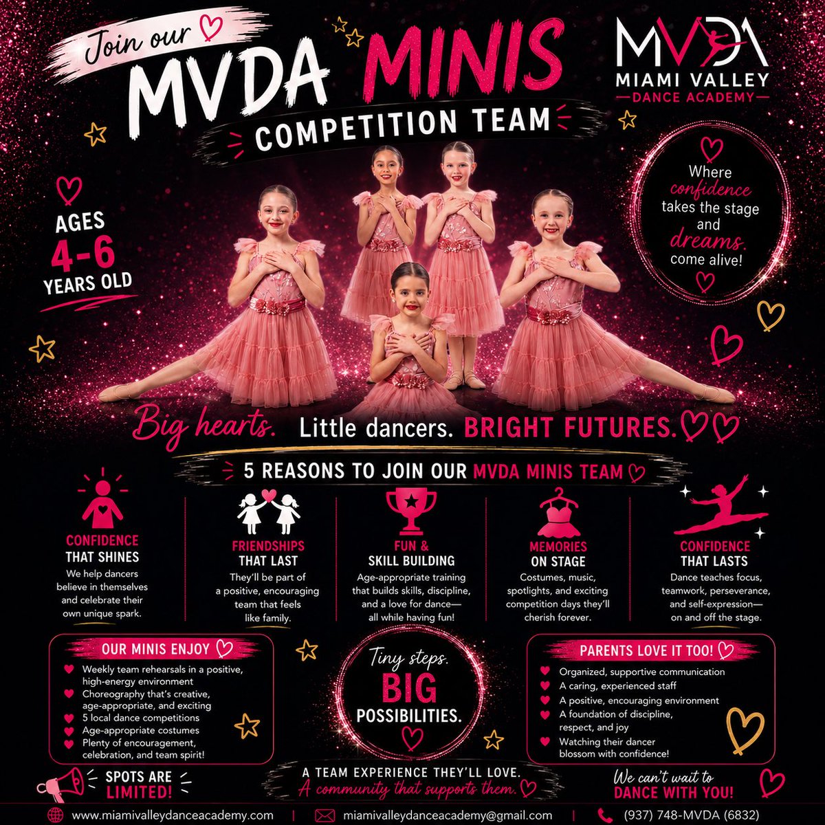 danceMVDA's tweet photo. ✨ Join Our MVDA Minis Competition Team! ✨

Big hearts. Little dancers. Bright futures. 💖

Spots are limited for this special team experience!

Call today for more information and to hold your child’s spot for evaluations.

📍 Miami Valley Dance Academy
📞 (937) 748-MVDA (6832) https://t.co/ytnxneI9dm