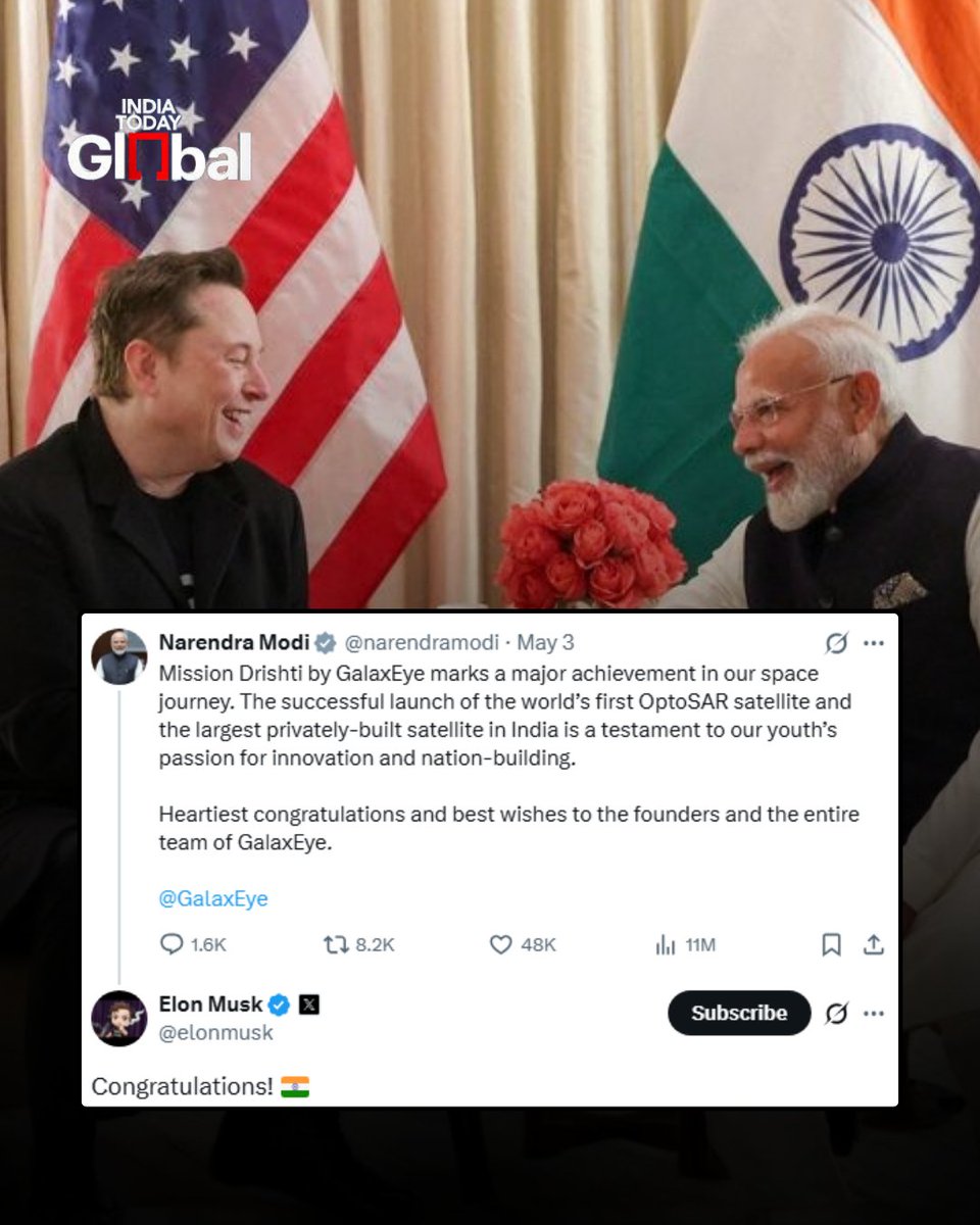 ITGGlobal's tweet photo. Elon Musk reacts to PM Narendra Modi’s post on Mission Drishti, replying, “Congratulations!” as India marks a major milestone in its space journey.

Mission Drishti, the world’s first OptoSAR satellite, can capture high-resolution images in all weather, day and nightm a breakthrough hailed by PM Modi as a proud moment for India’s innovation and growing private space sector.

#NarendraModi #ElonMusk #MissionDrishti #IndiaSpace #ISRO #IndiaTodayGlobal

(Mission Drishti, OptoSAR satellite, Narendra Modi, Elon Musk, India space sector, satellite technology, GalaxEye)