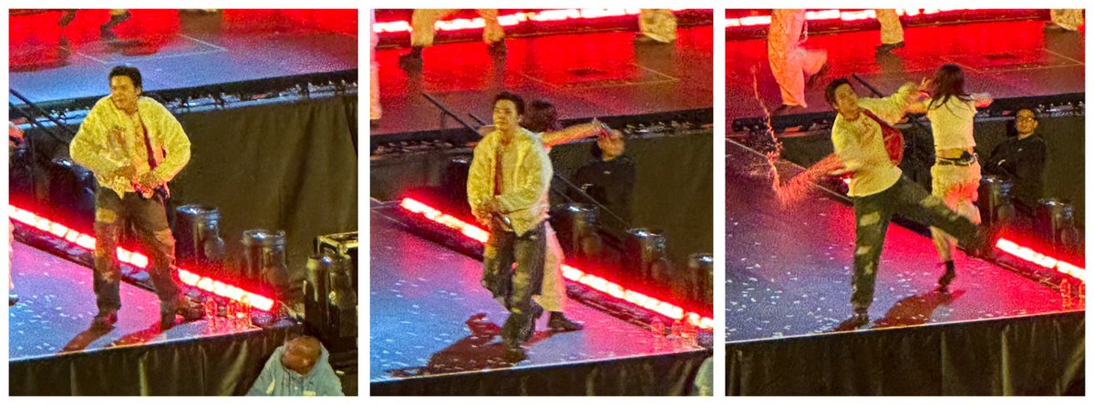 Guys I caught this hilarious moment of Yoongi baptizing the crowd but my favorite part is how the security guard knows exactly what’s gonna happen and nopes out of there 🤣 #BTS_ARIRANG_TOUR_ELPASO #bts #minyoongi
