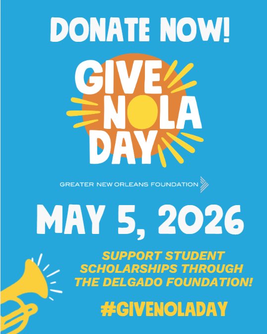 delgadocc's tweet photo. There’s still time to make a #GiveNOLADay donation to the Delgado Foundation to support student scholarships. 

To donate, visit our GiveNOLA Day donation page or text "Delgado" to 844-844-6844. Any donation amount is accepted and appreciated!

https://t.co/TNfBTveZLZ https://t.co/c06omVfvoH
