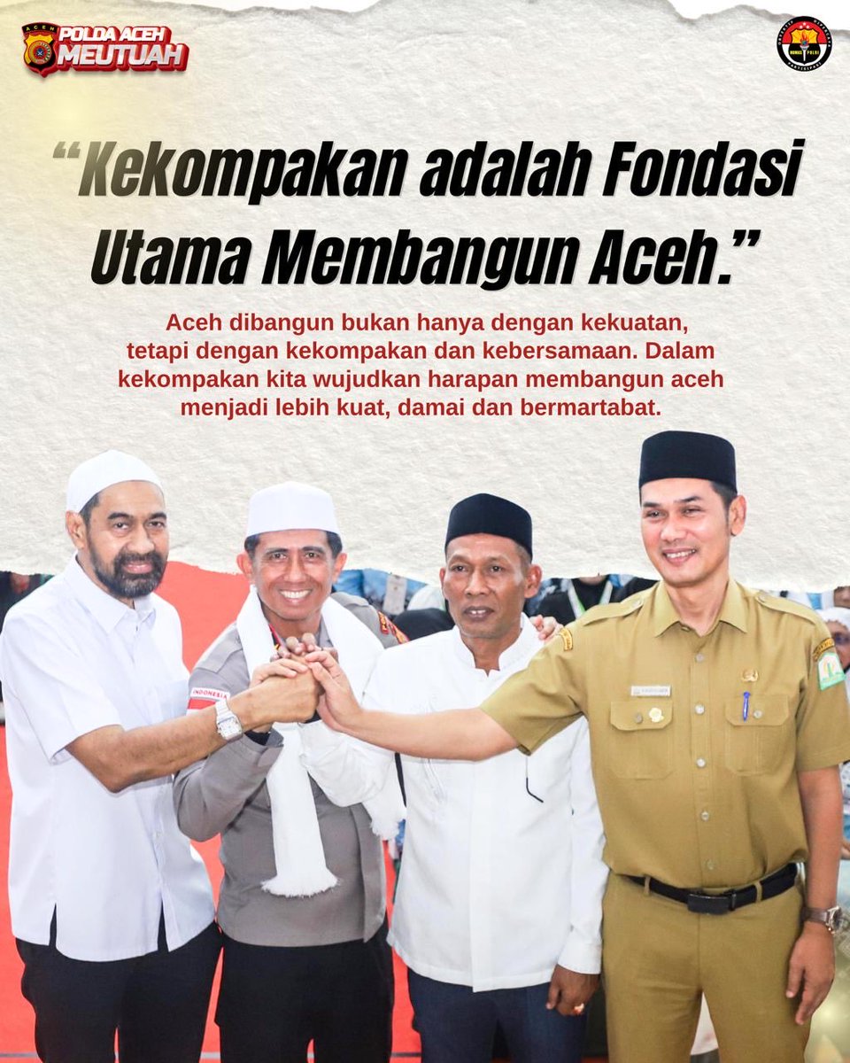 bidhumasaceh's tweet photo. Kekompakan Forkopimda Aceh menjadi fondasi utama dalam pemulihan dan pembangunan di Aceh.
@DivHumas_Polri
@polisi_peduli
@halo_polisi
@indo_pol
@ListyoSigitP
#bidhumaspoldaaceh #kapoldaaceh #forkopimdaaceh #poldaacehmeutuah #polripresisi https://t.co/fozrlJVrVX