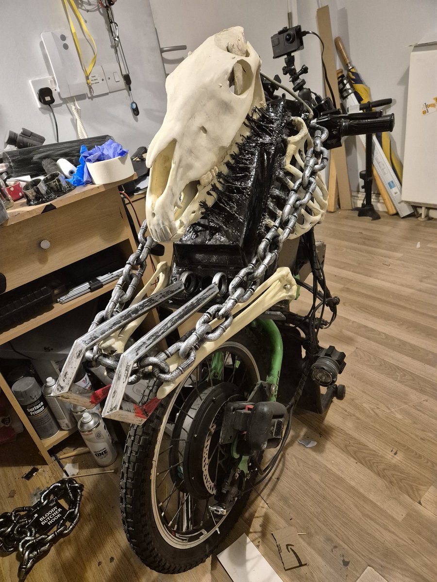 timboxall's tweet photo. Inching closer to completion of the Ghost Rider Hell Cycle add-on for the #Batec, I've decided to add twin butchers hooks on the front, I have to work out a way to mount them securely yet still be removable.
Tbh as much as like builds, I'll be glad when this one's done, but I'm always throwing my all into showing #disability doesn't have to stop you doing your hobbies like #cosplay. I've just learned to pace myself and include my #mobility aids!