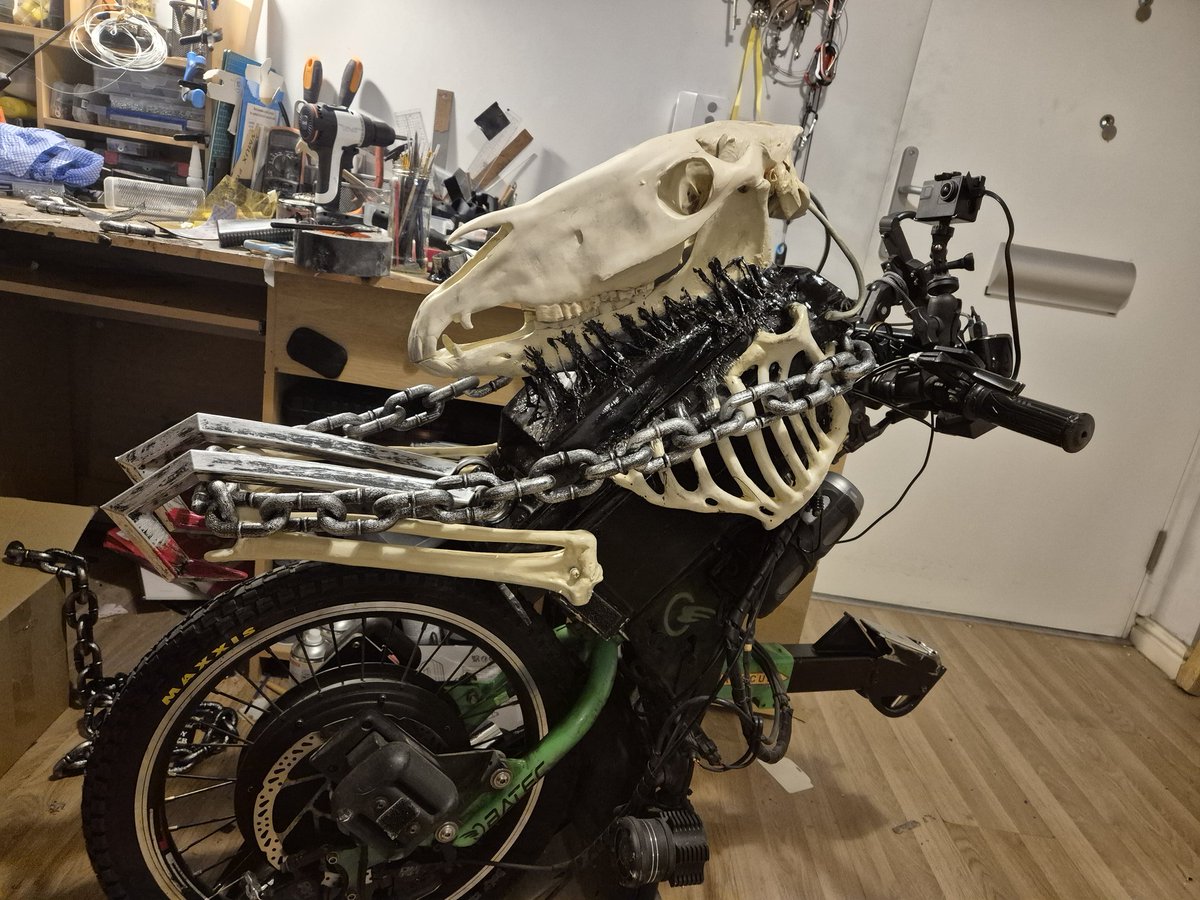timboxall's tweet photo. Inching closer to completion of the Ghost Rider Hell Cycle add-on for the #Batec, I've decided to add twin butchers hooks on the front, I have to work out a way to mount them securely yet still be removable.
Tbh as much as like builds, I'll be glad when this one's done, but I'm always throwing my all into showing #disability doesn't have to stop you doing your hobbies like #cosplay. I've just learned to pace myself and include my #mobility aids!