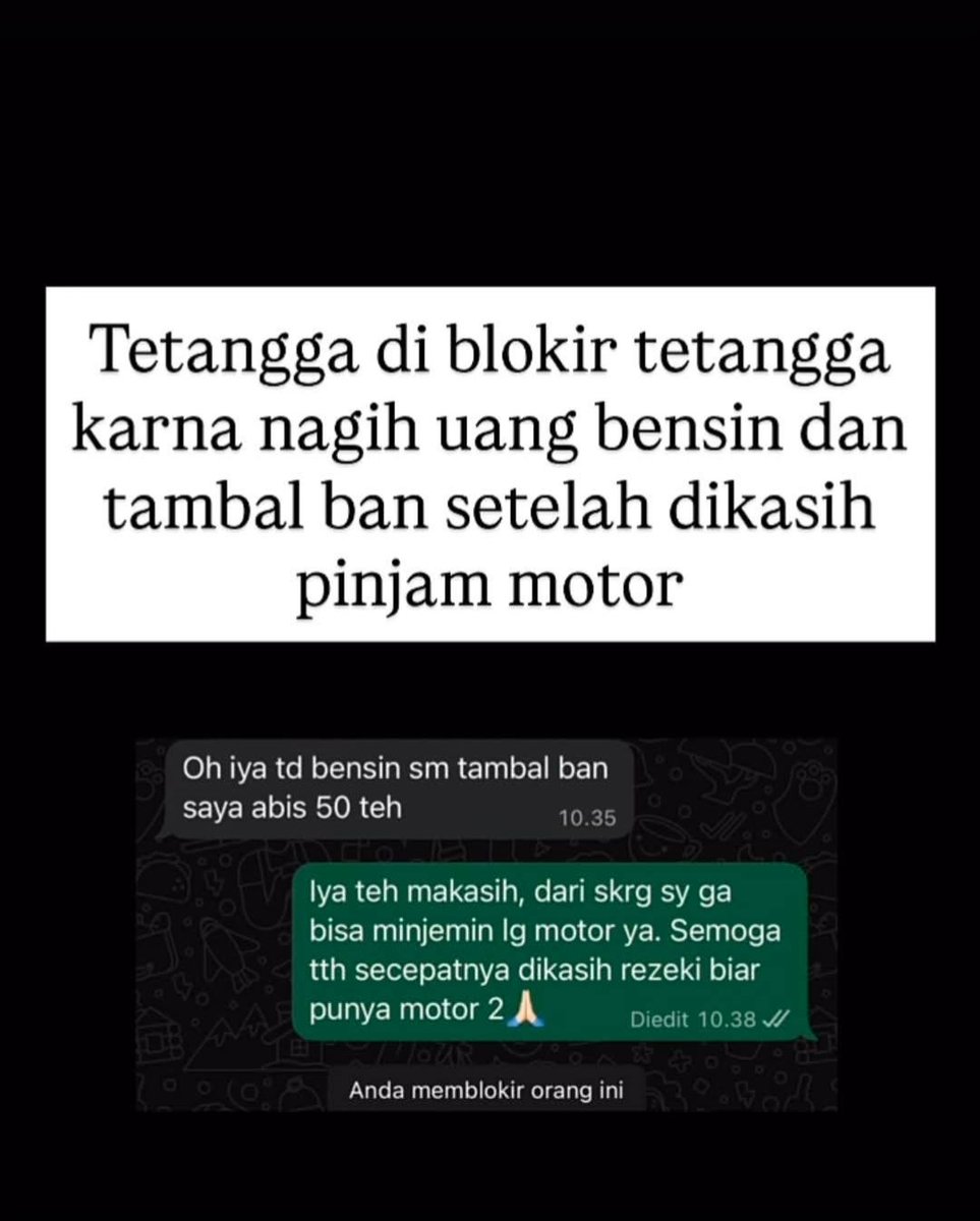 punya tetangga ga tau di untung!!

pinjam motor tapi uang bensin dan biaya tambal ban malah di tagih sama pemilik motor.

gimana menurut kalian??