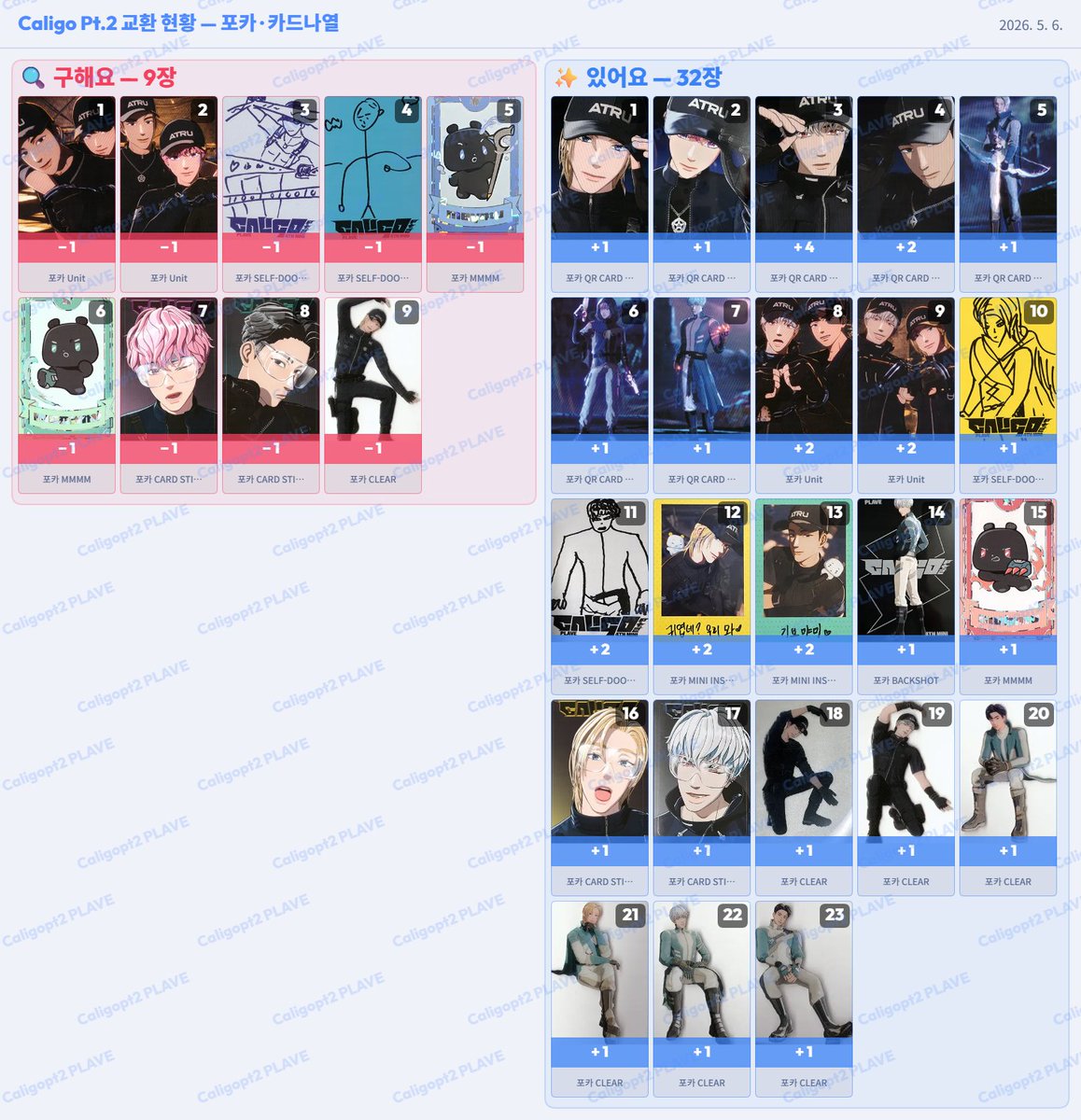bambyyaaa's tweet photo. 칼리고 파트2 칼파투 포카 교환 구합니다!
3장 이상/미공포는 1장도 가능합니다~!

>미공포<
유튜브 💙🖤 → 🩷❤️
무신사 💜or❤️ → 🩷
올리브영 💜 → 🩷
윌뮤직 💙 → 🩷

+아이디패스 앨범 미개봉 은호❤️→밤비🩷도 구합니다🙇

디엠이나 옾챗 주세요! :)
https://t.co/ykhOm8l79r https://t.co/EB9IpVQFC5