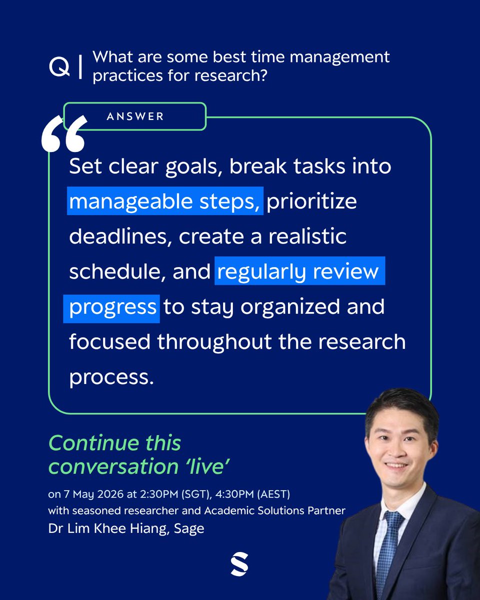 Sage_APAC's tweet photo. Last in our Q&A series: how do you manage your time effectively in research?

Want more practical strategies? Join our webinar, Your Ultimate Research Playbook. Just scan the QR code to register or you can head to this link 👉 https://t.co/mz2gkGhV6M

We look forward to seeing you on 7th May! Bring your questions along :)
#ResearchTips #TimeManagement #AcademicLife #SageWebinar